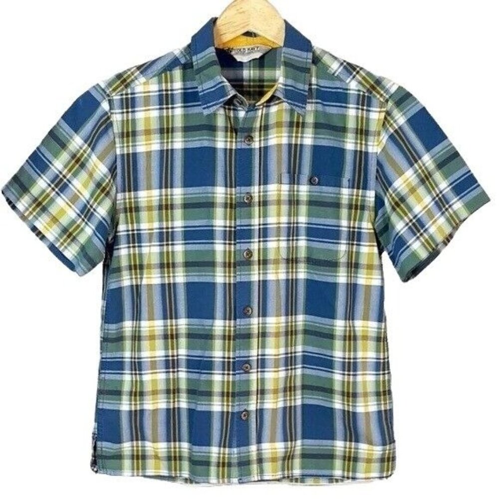 Old Navy Boys Button Up Shirt Green Blue Large Collar Short Sleeve Plaid